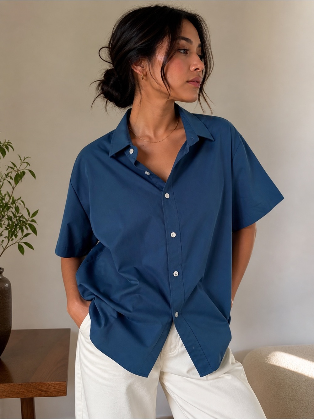 NWOT Blue Oversized Button Up Shirt 2XL Minimalist Short Sleeve Stretch Top